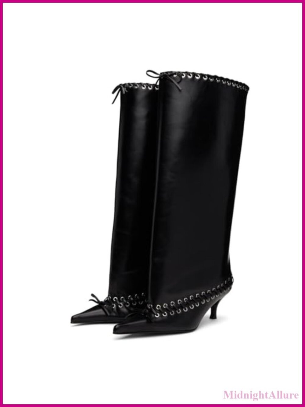Faux Leather Knee High Boots Pointed Toe Kitten Heel Lace Up Wide Calf